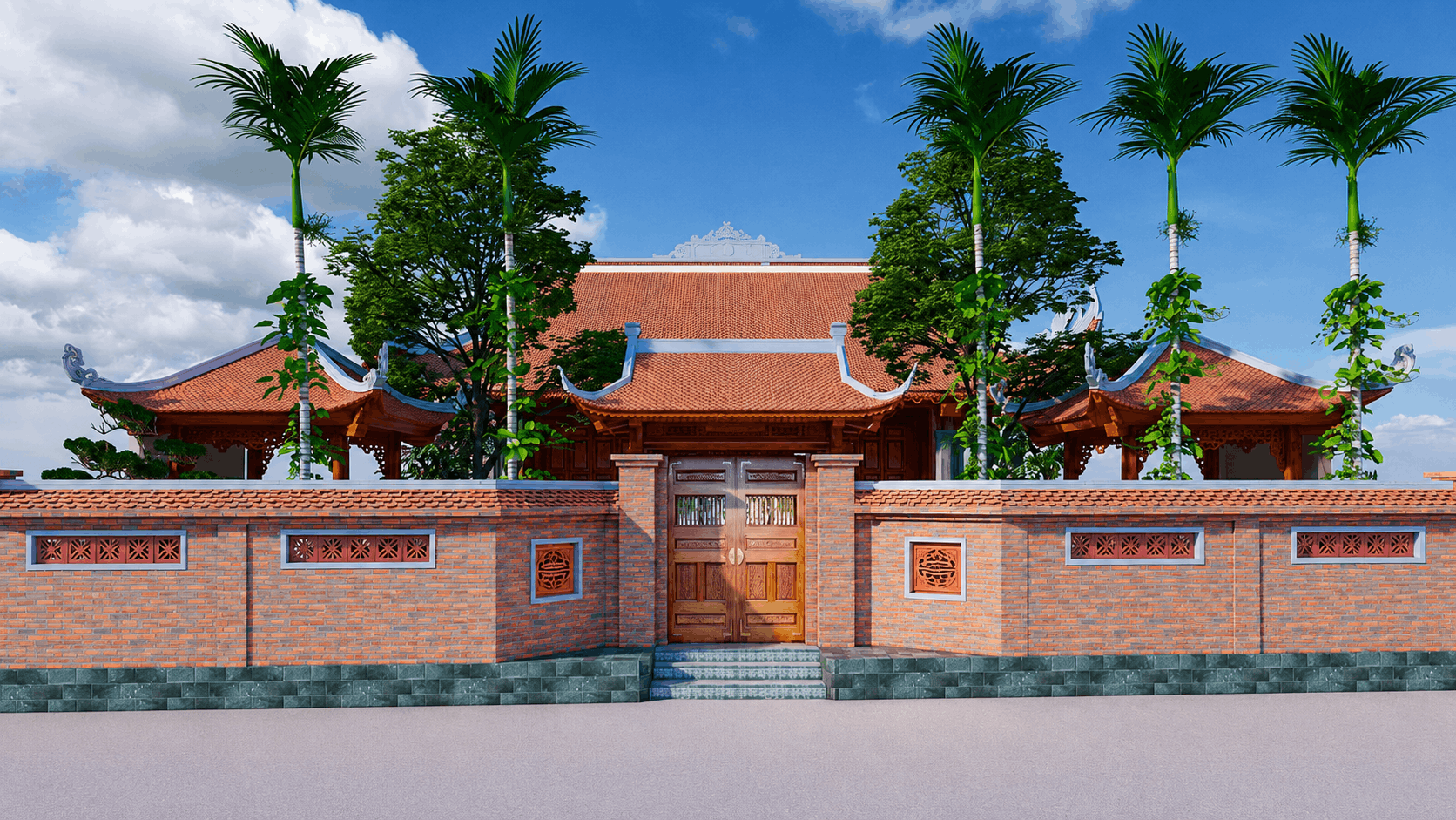 Thiết kế tổng thể của nhà gỗ 3 gian 4 mái đao tại Chương Mỹ - Sân vườn