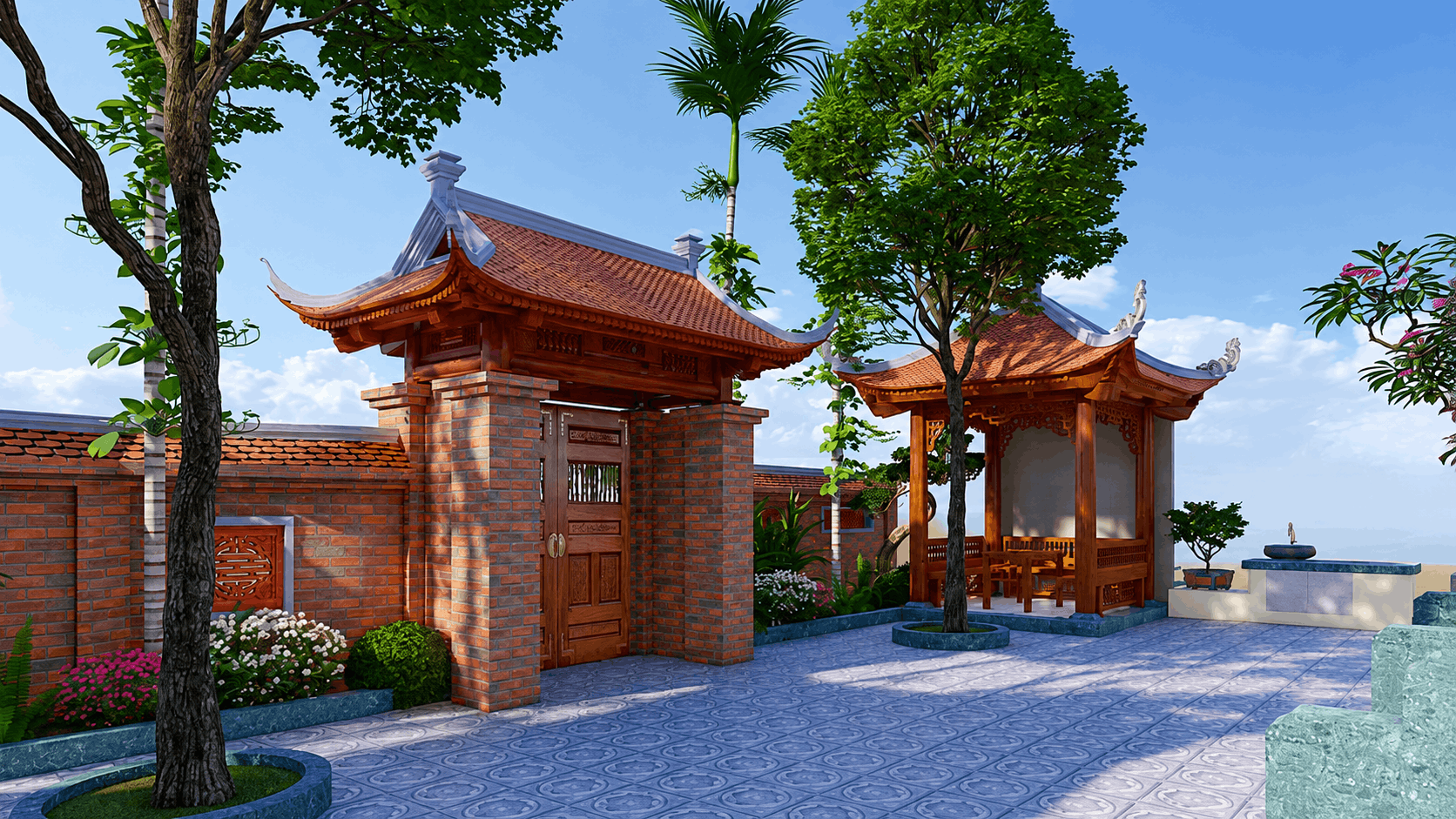 Thiết kế tổng thể của nhà gỗ 3 gian 4 mái đao tại Chương Mỹ - Cổng và tường rào